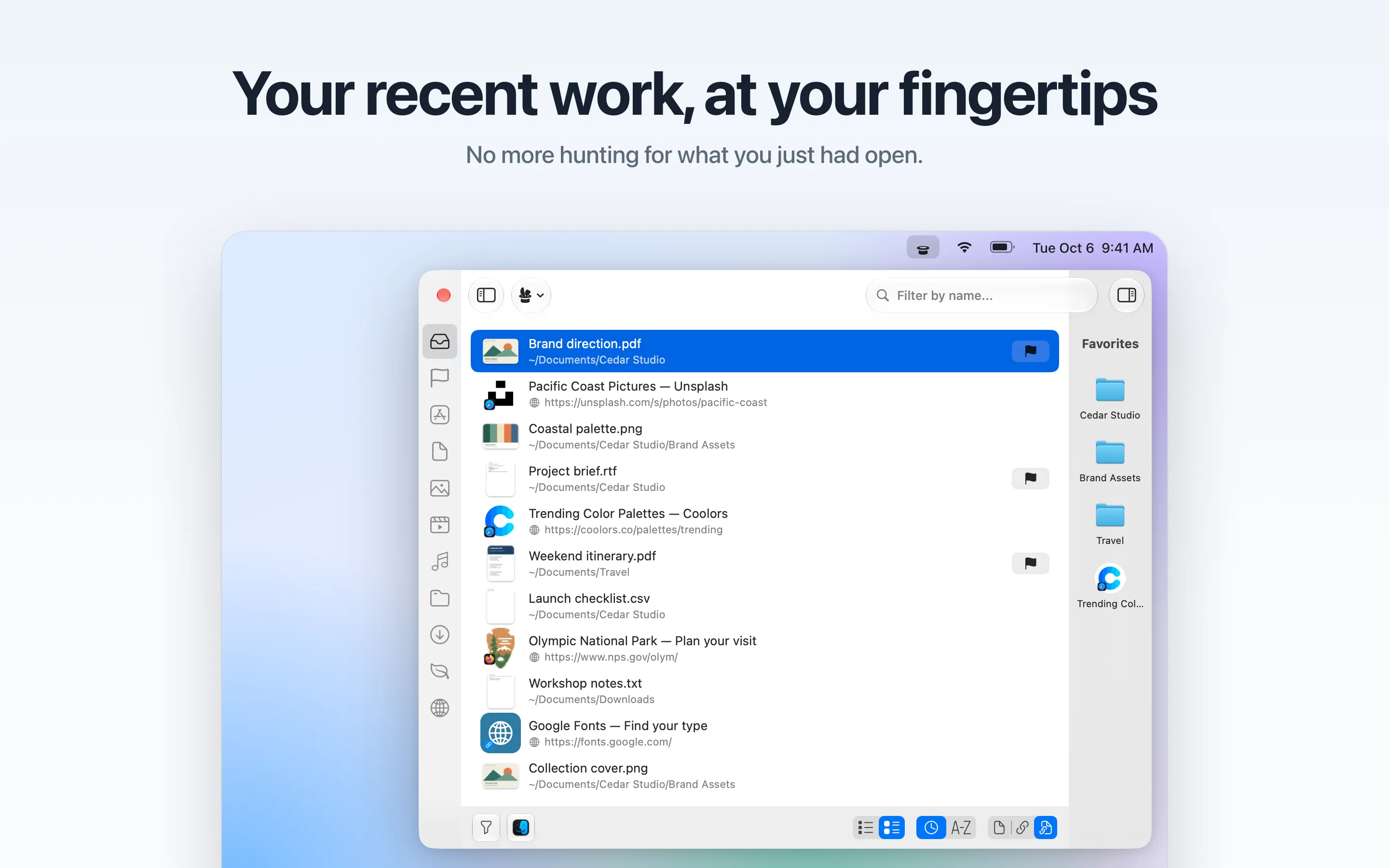 Trickster 4 open from the menu bar, listing recent documents, saved web links and Favorites