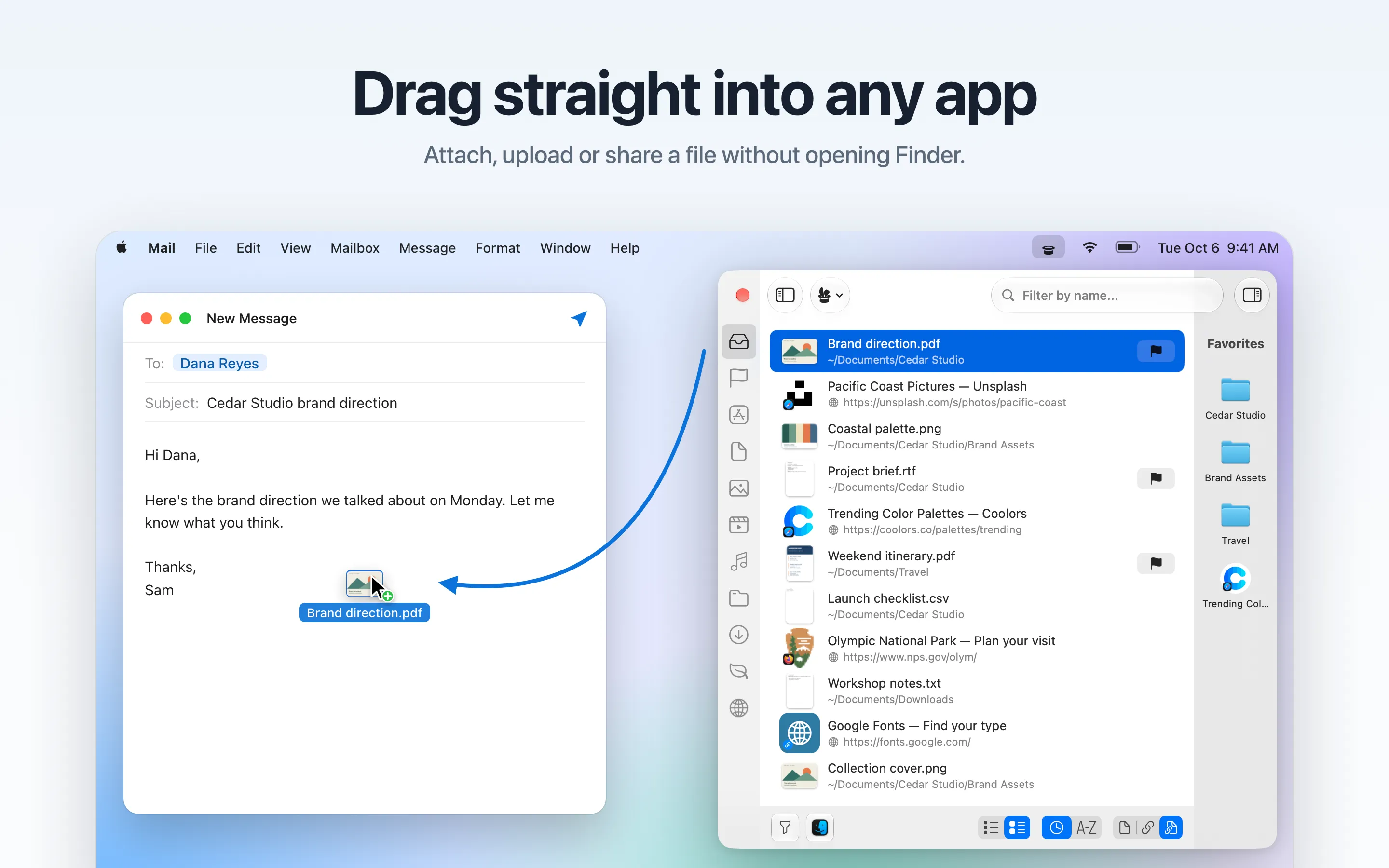 Dragging Brand direction.pdf from Trickster into a new Mail message