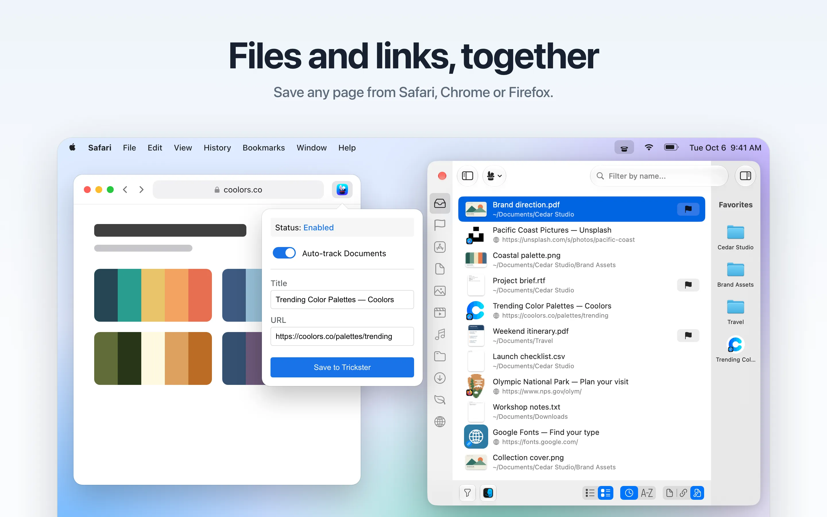 A page saved from Safari appearing in Trickster next to recent files