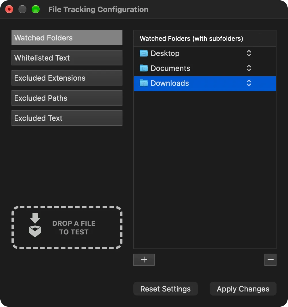 File Tracking Configuration window listing the watched Desktop, Documents and Downloads folders