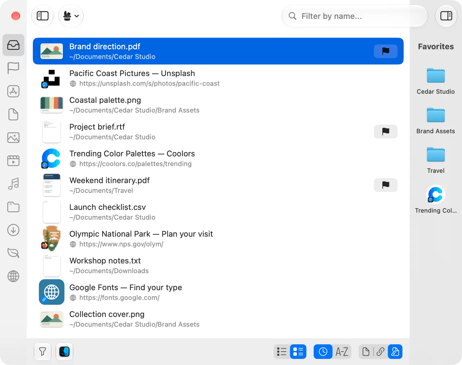 Trickster 4 window with filters, recent files and links, and the Favorites sidebar