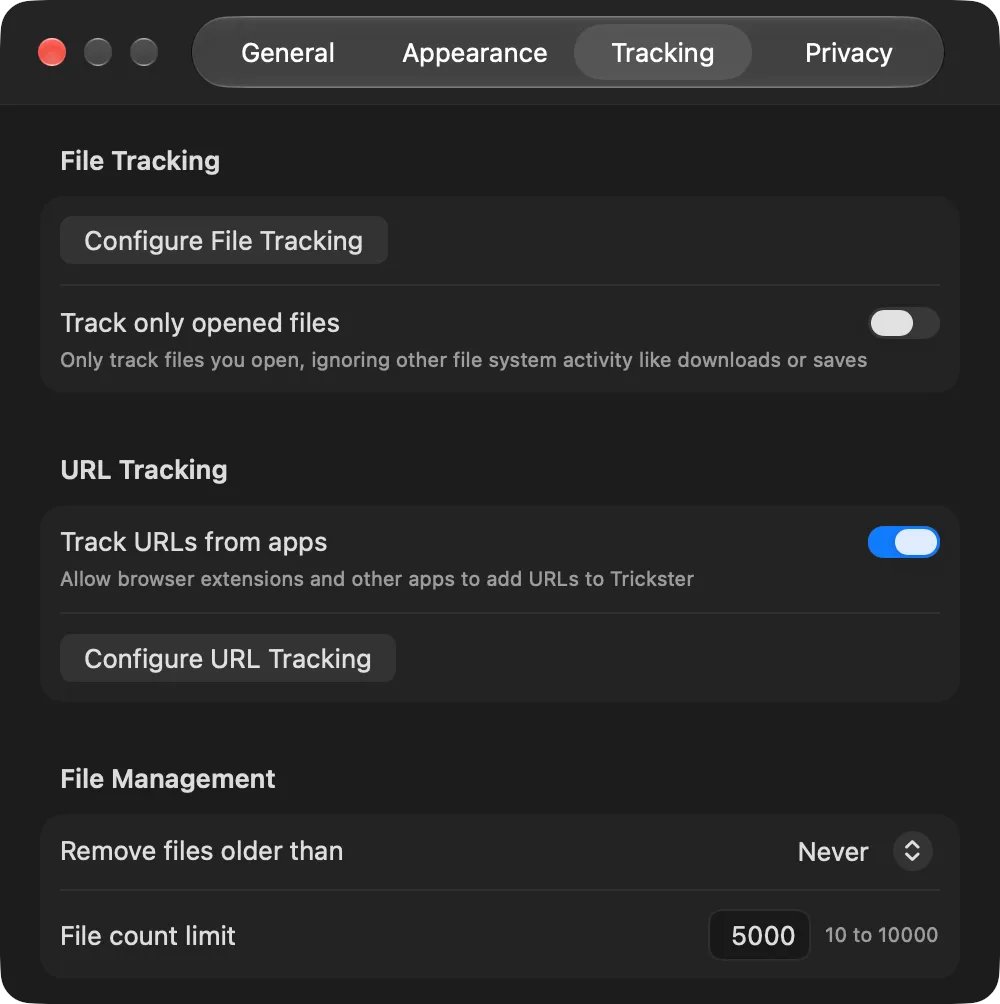 Trickster 4 Tracking settings with File Tracking, URL Tracking and File Management sections