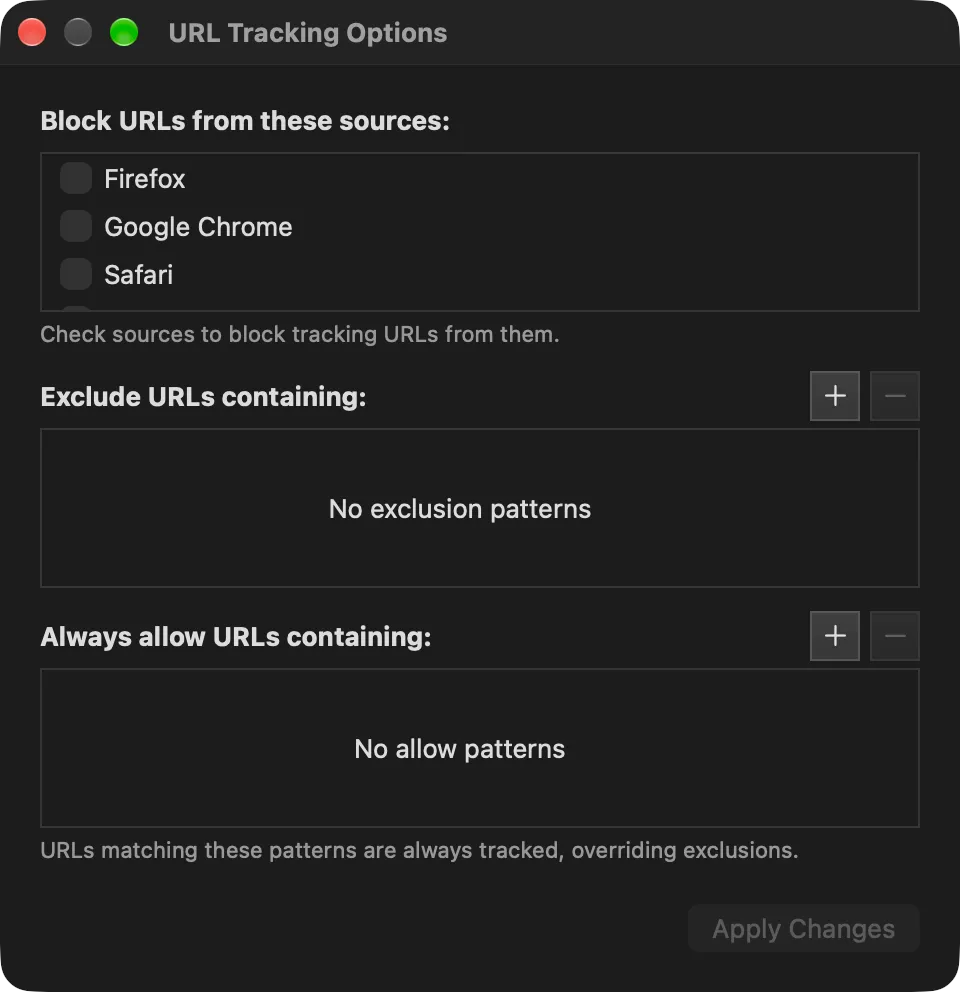 URL Tracking Options window for blocking browsers and excluding or always allowing addresses