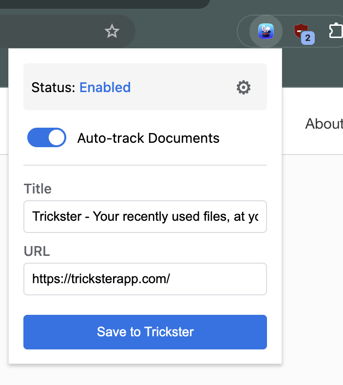 Save to Trickster in Chrome, showing Enabled status, Auto-track Documents switched on, editable Title and URL fields, and the Save to Trickster button