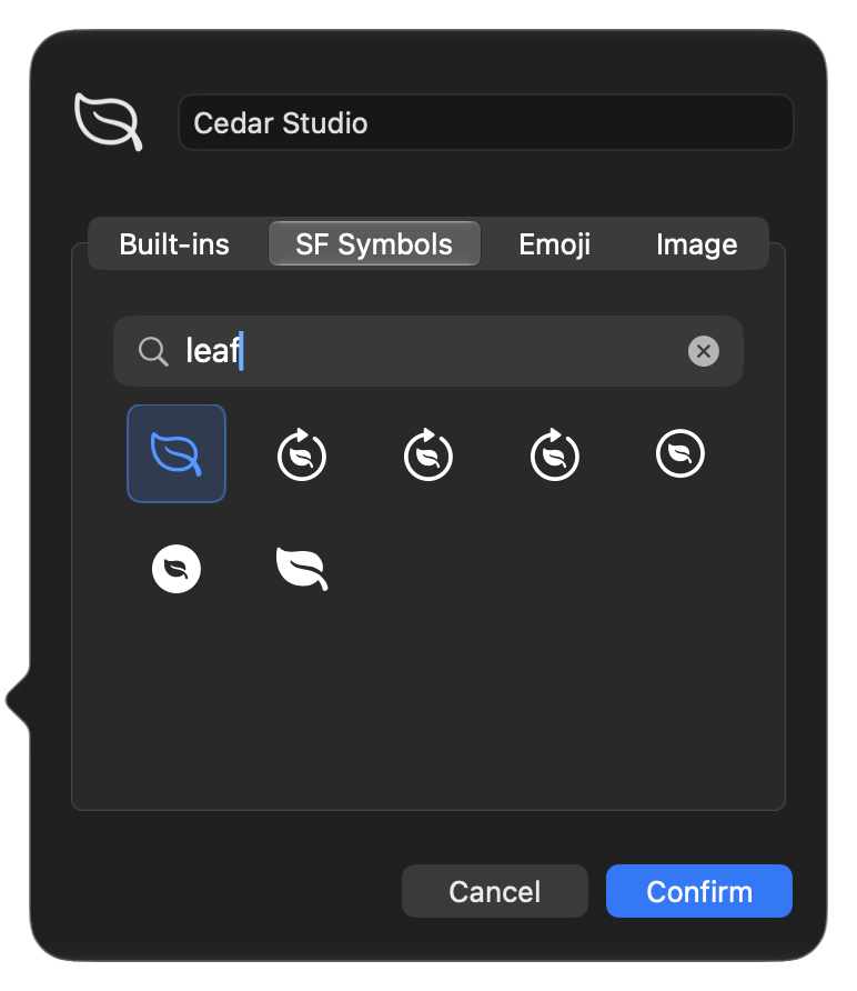 Choosing a leaf symbol for the Cedar Studio project filter