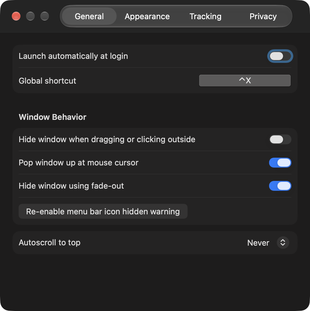 Trickster 4 General settings with the global shortcut and window behavior options