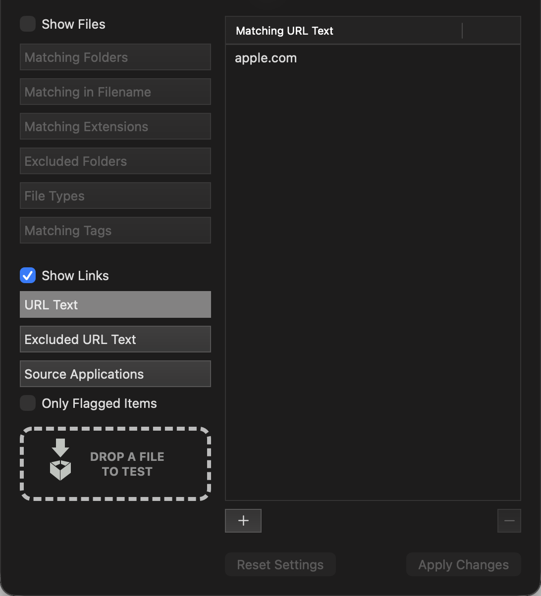 Link-filter controls with Show Links enabled and apple.com under Matching URL Text