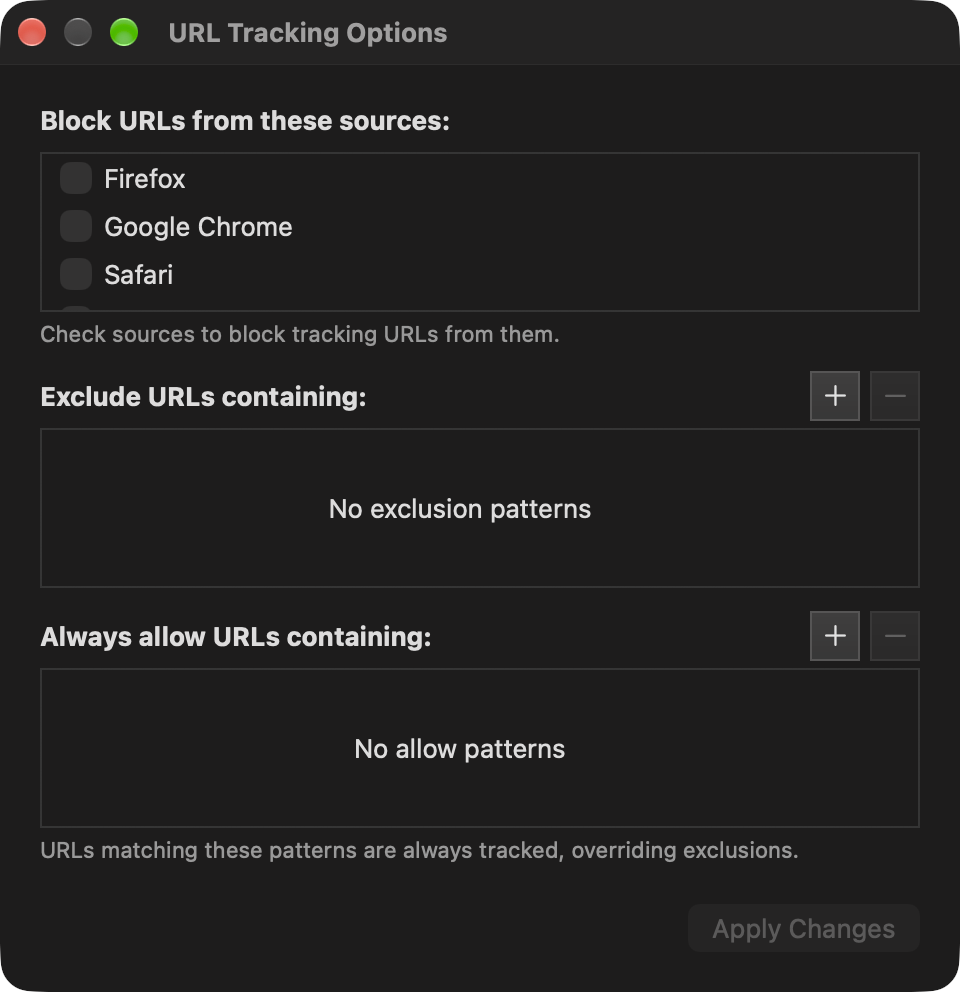 Trickster 4 URL Tracking Options with separate lists for blocked sources, excluded text, and allowed text