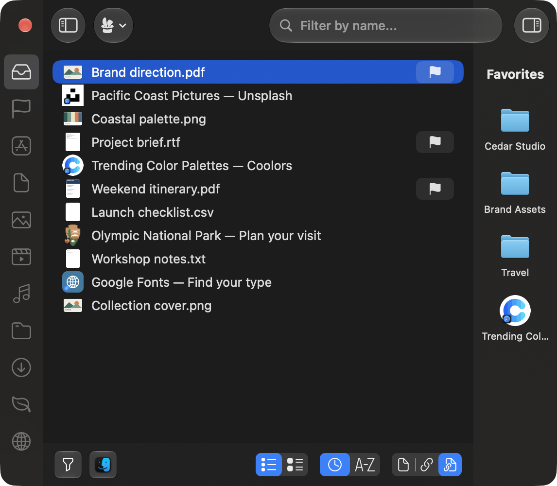 The Trickster 4 window in its compact view, with project documents, web research, flags, and Favorites