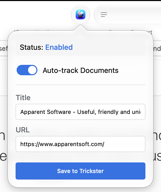 Save to Trickster in Safari, showing Enabled status, Auto-track Documents switched on, editable Title and URL fields, and the Save to Trickster button