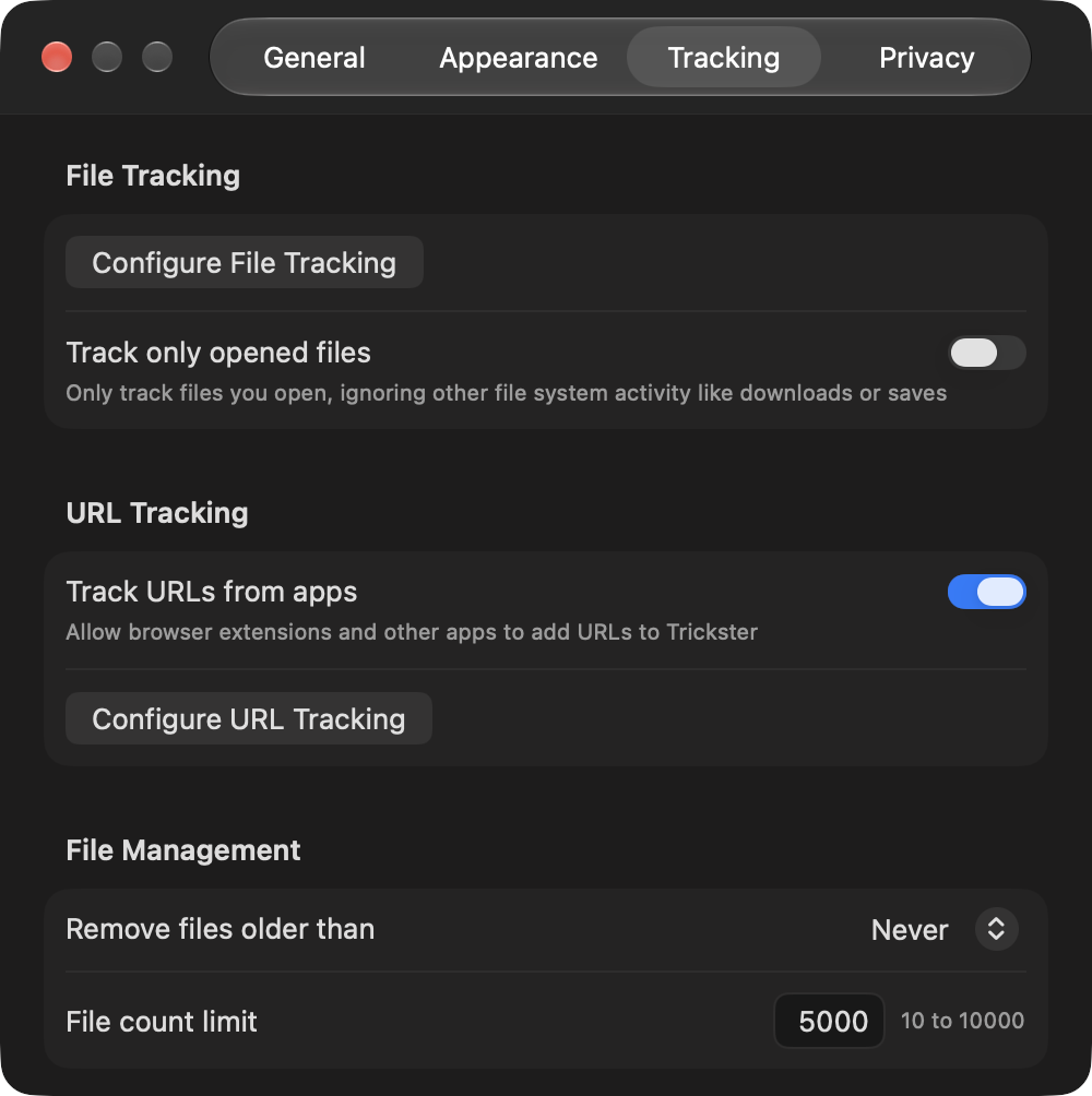 Trickster 4 Tracking settings, including Track URLs from apps and Configure URL Tracking